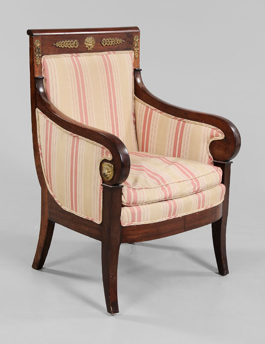 Appraisal: Empire Style Bronze-Mounted Armchair French th century figured mahogany with