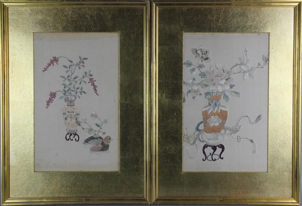 Appraisal: SET OF SIX CHINESE SILK-EMBROIDERED SILK FRAMED TEXTILES QING DYNASTY