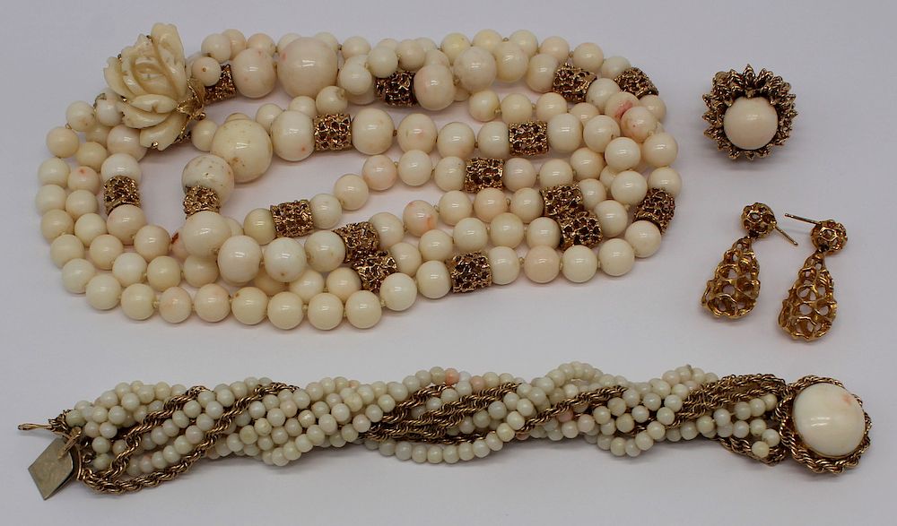 Appraisal: JEWELRY Angel Skin Coral and Gold Grouping Includes a multi-strand