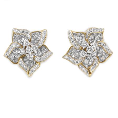 Appraisal: Pair of Gold and Diamond Flower Earclips Estimate -