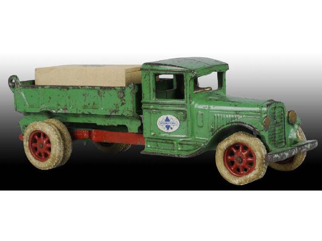 Appraisal: Green Cast Iron Arcade Dump Truck Toy w Wood Box