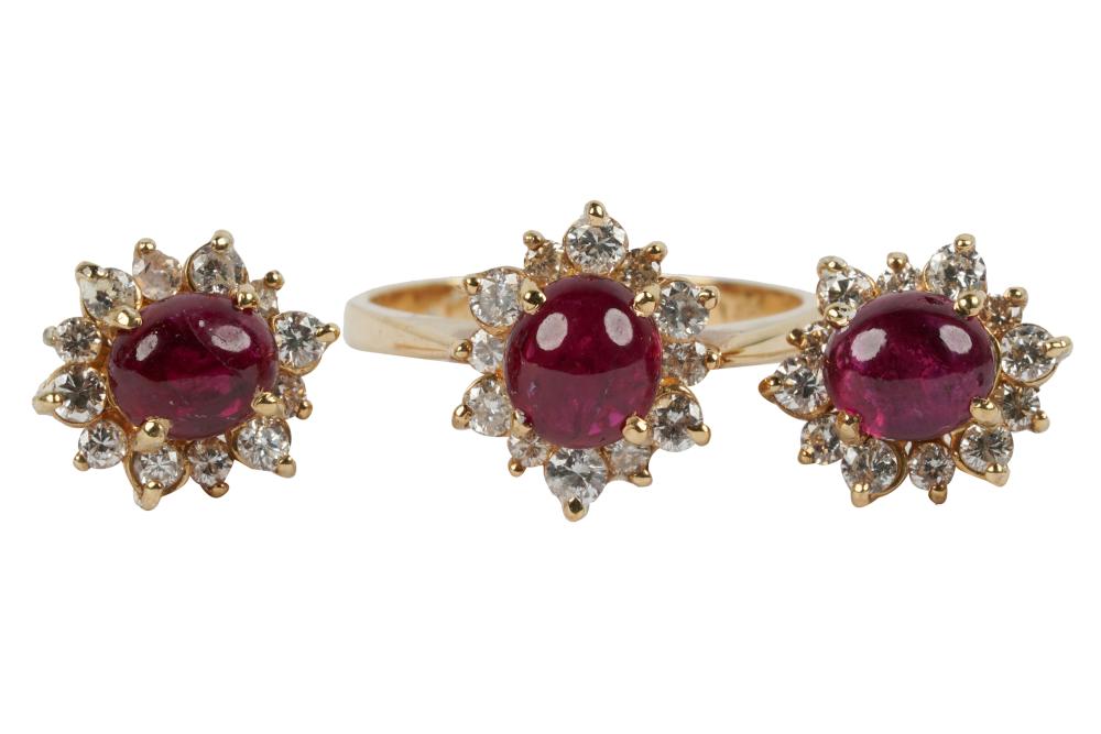 Appraisal: SUITE OF KARAT YELLOW GOLD RUBY DIAMOND JEWELRYcomprising a pair