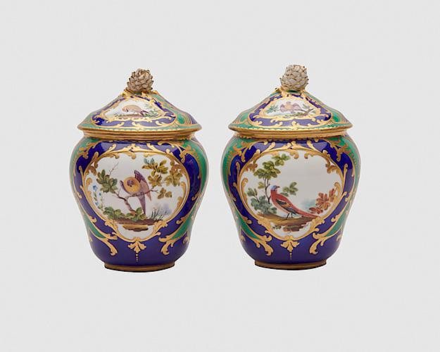 Appraisal: Pair of English Porcelain Cobalt and Apple Green Ground Bird-Decorated