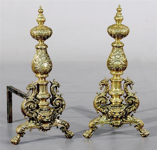 Appraisal: Pair Victorian brass andirons late th century floral-decorated baluster stem