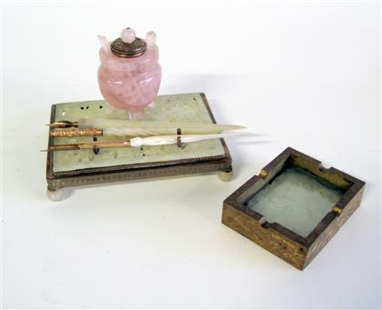 Appraisal: Chinese gilt metal mounted jadeite and quartz desk setWith a