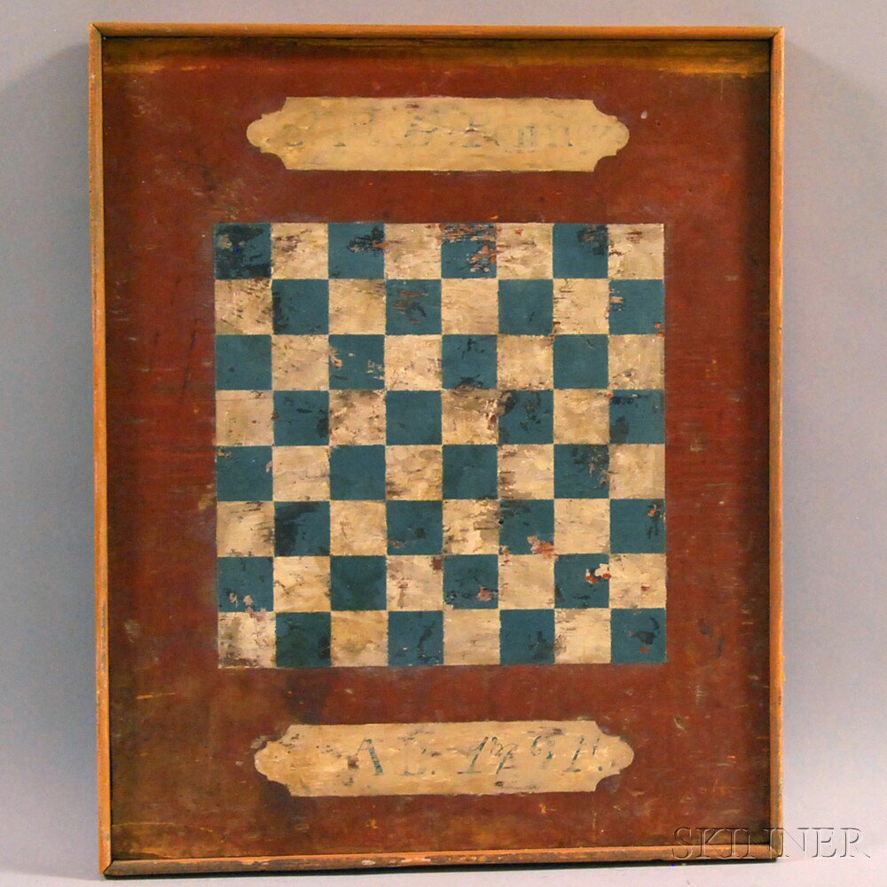 Appraisal: Paint-decorated Checkers Game Board th century the blue and red