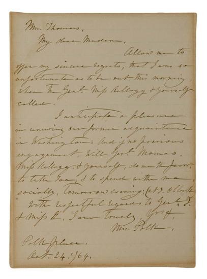 Appraisal: FIRST LADIES - POLK Sarah Autograph letter signed Civil War