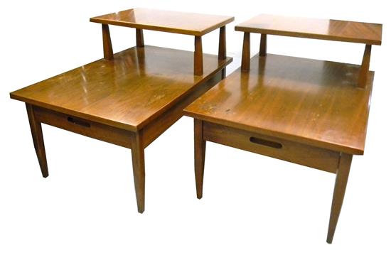 Appraisal: Pair two-tiered Mid-Century end tables auburn stain each with short