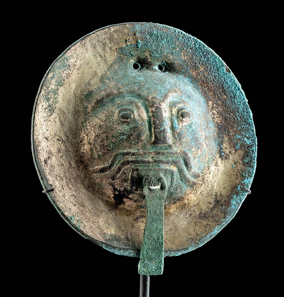 Appraisal: Ecuadorian Manteno Gilded Copper Roundel w Jaguar Face Pre-Columbian Ecuador