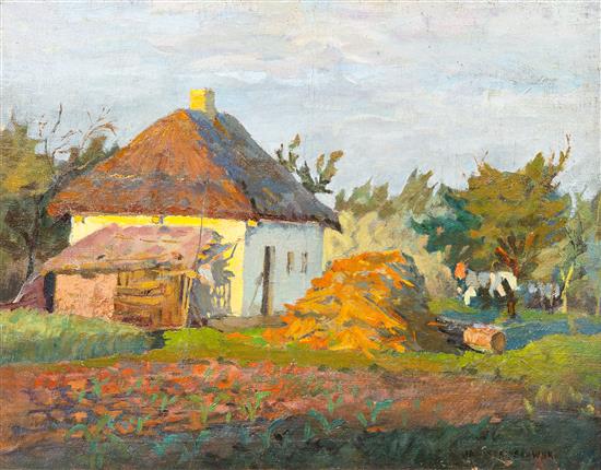 Appraisal: Sale Lot Jan Stanislawski Polish - Cottages in Twilight oil