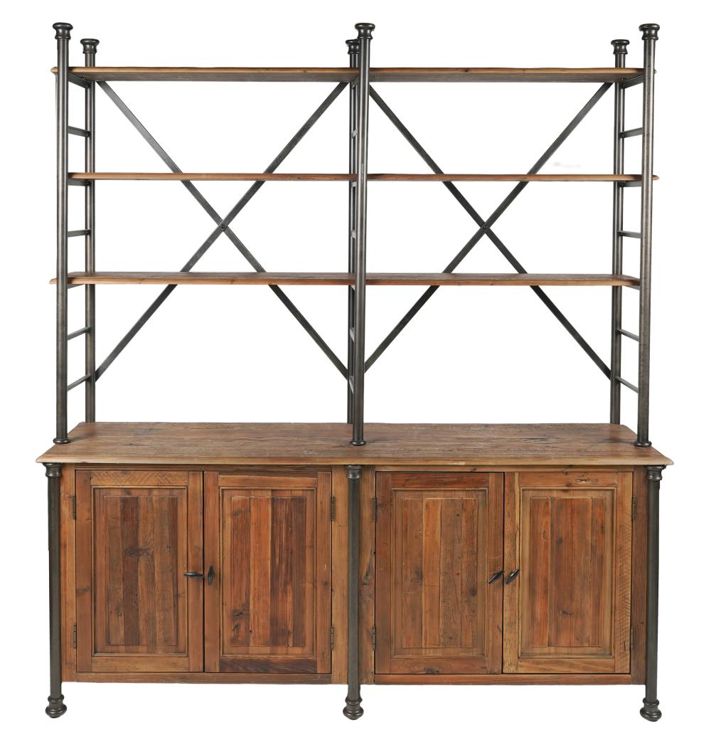 Appraisal: RESTORATION HARDWARE IRON WOOD BOOKCASE CABINETwith open shelves over two