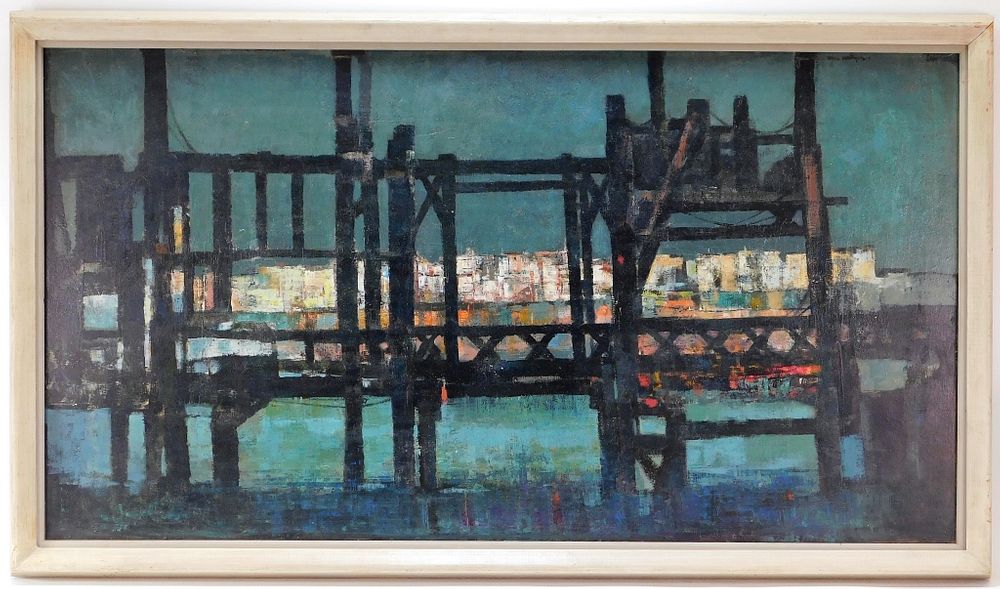 Appraisal: Gordon Steele Modern Industrial Docks Painting Gordon Steele New York