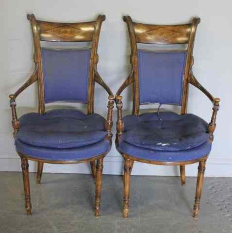 Appraisal: Pair of Blue Upholstered Armchairs with BrassInlay From a Stamford