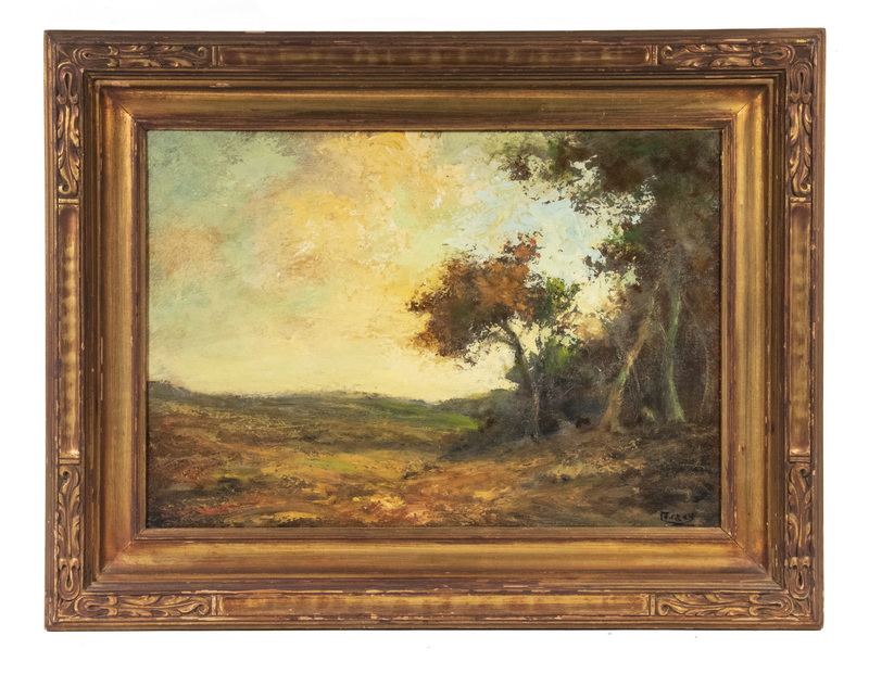 Appraisal: TONALIST LANDSCAPE PAINTING ILLEGIBLY SIGNED Autumn Trees on Rolling Land