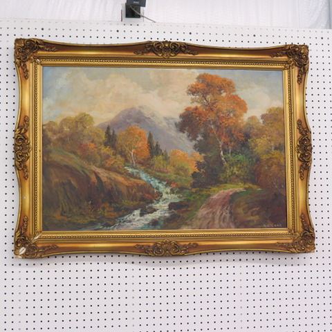 Appraisal: R Eicher Oil Painting of an Autumn Landscape mountains in