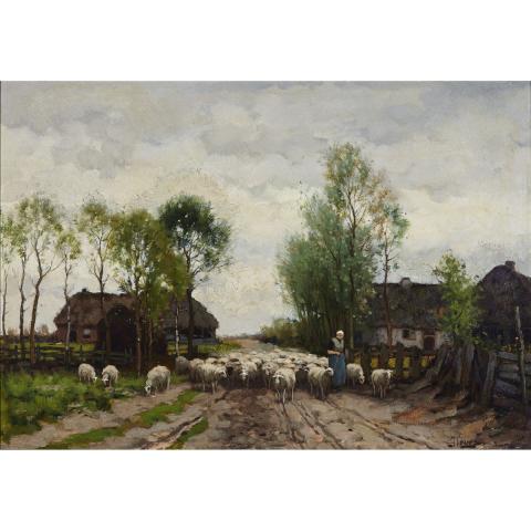 Appraisal: Johannes Karel Leurs - LEADING THE FLOCK Dutch Oil on