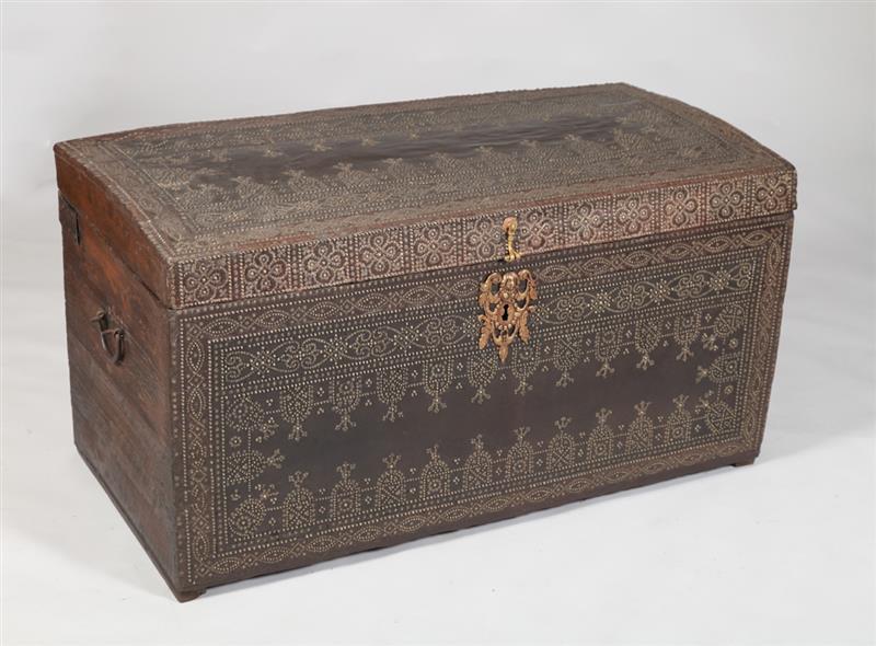 Appraisal: CONTINENTAL BRASS-MOUNTED LEATHER TRUNK POSSIBLY SPANISH With a slightly curved