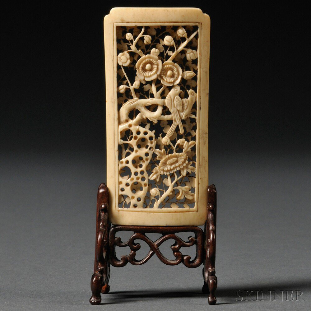 Appraisal: Small Table Screen with Ivory Plaque China decorated with elaborate