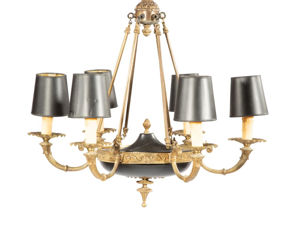 Appraisal: Empire-Style Bronze-Mounted Six-Light Chandelier foliate arms h in dia in