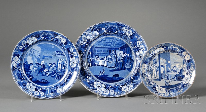 Appraisal: Three Blue and White Dr Syntax Transfer-decorated Staffordshire Pottery Plates