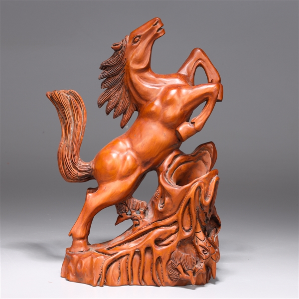 Appraisal: Chinese wood carving of a horse rearing up on his