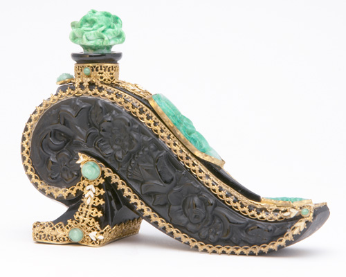 Appraisal: HOFFMAN Czech Shoe-shaped perfume bottle in black crystal with jade