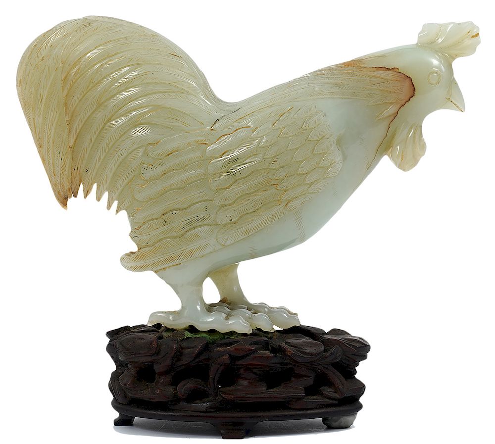 Appraisal: Chinese Carved Jade Rooster on Custom Wood Base th C