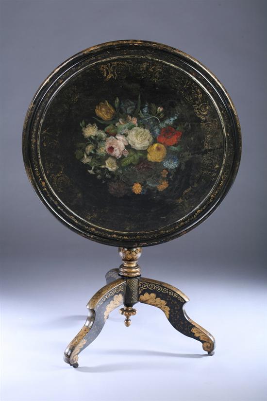 Appraisal: ENGLISH VICTORIAN EBONIZED AND GILT-PAINTED TILT-TOP CENTER TABLE th century