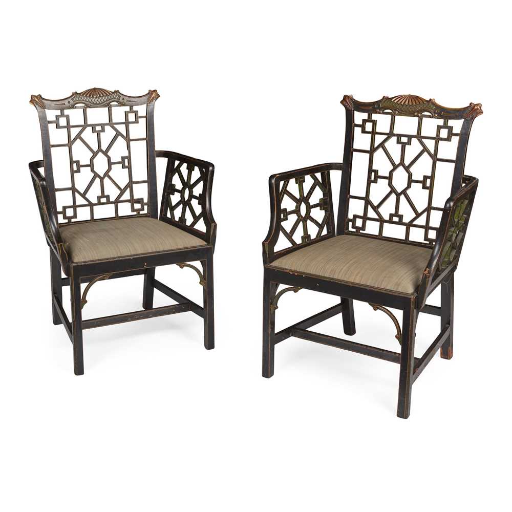 Appraisal: PAIR OF CHINESE CHIPPENDALE STYLE EBONISED AND PARCEL-GILT ARMCHAIRS EARLY