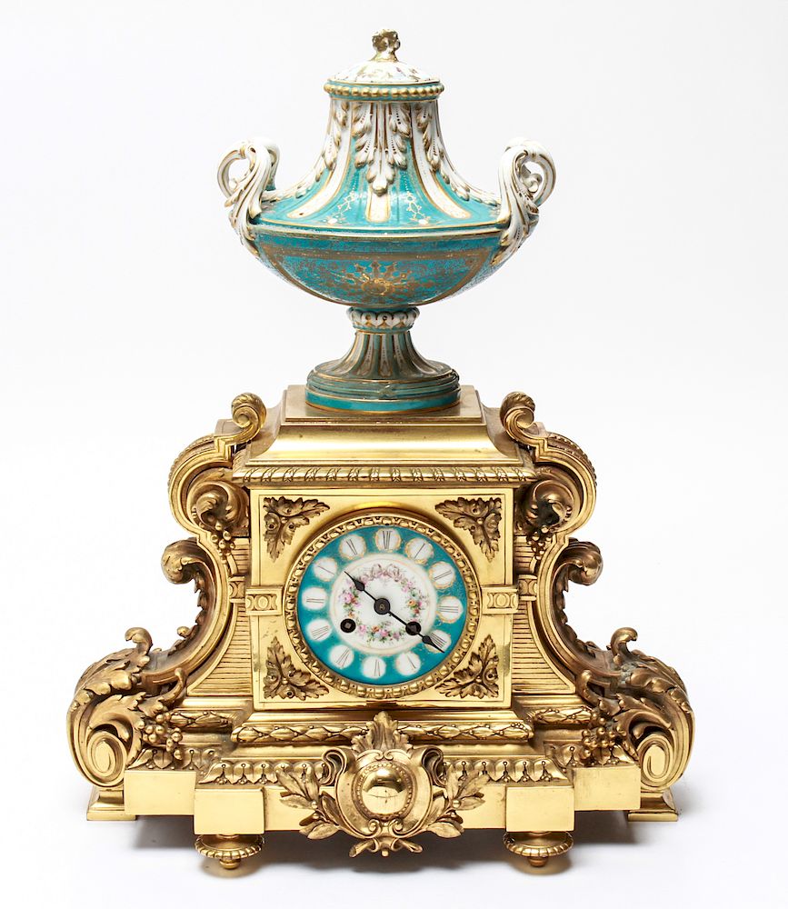 Appraisal: French Empire Bronze Sevres Style Mantel Clock French Empire Neoclassical