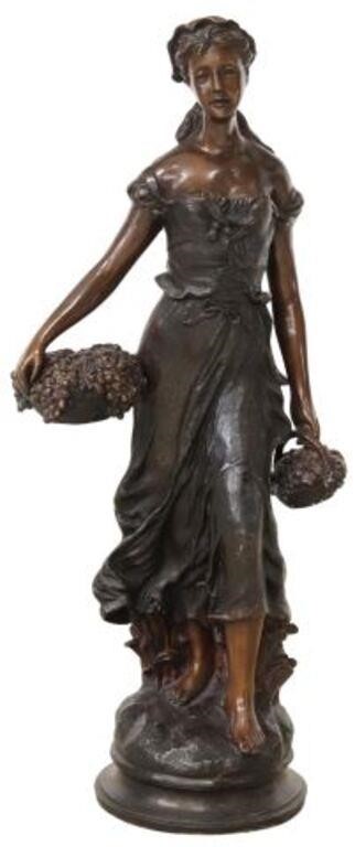 Appraisal: Large patinated bronze sculpture Woman with Harvest Baskets signed in