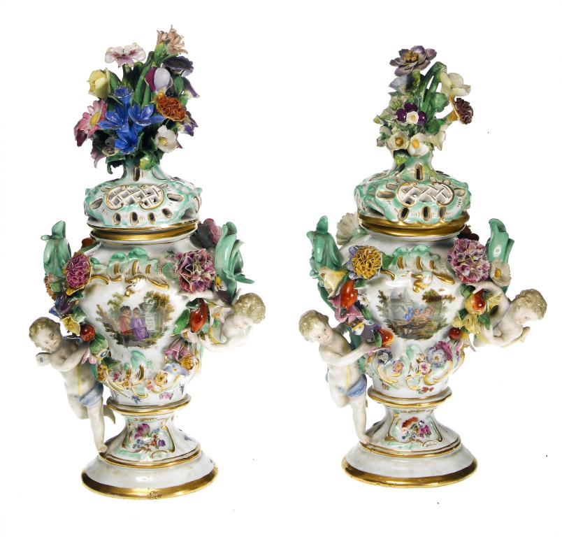 Appraisal: A PAIR OF MEISSEN FLORAL ENCRUSTED POT POURRI VASES AND