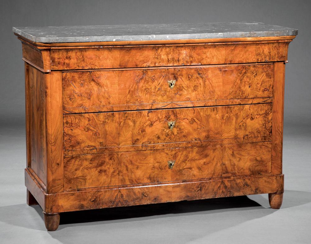 Appraisal: Louis Philippe Burlwood Commode th c marble top frieze drawer