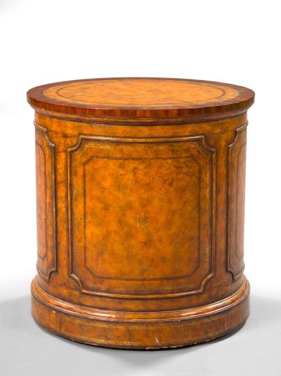 Appraisal: Unusual Edwardian-Style Mahogany and Leather-Upholstered Chairside Table of drum form