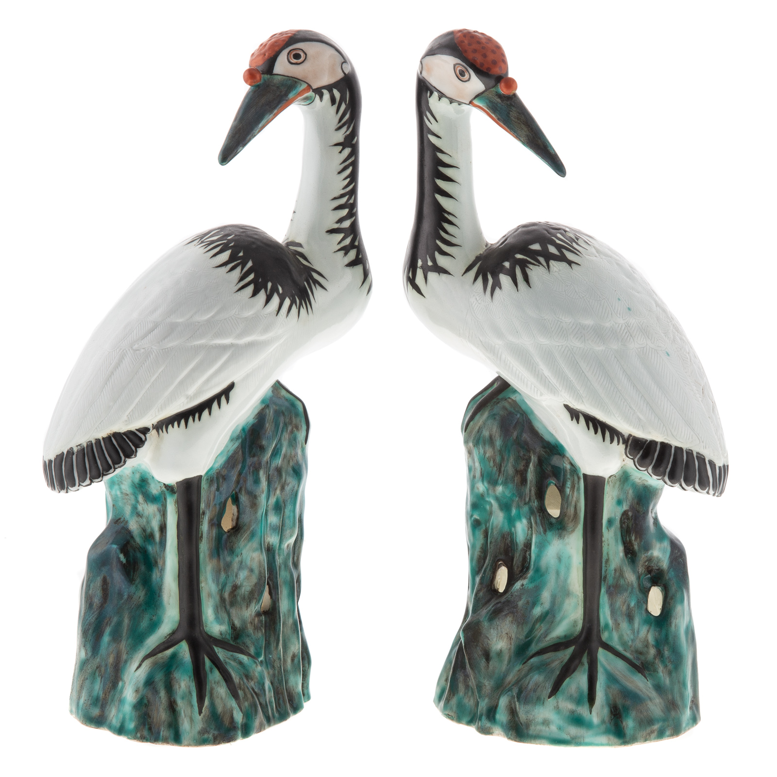 Appraisal: PAIR OF CHINESE EXPORT PORCELAIN CRANES Bird perched on rock