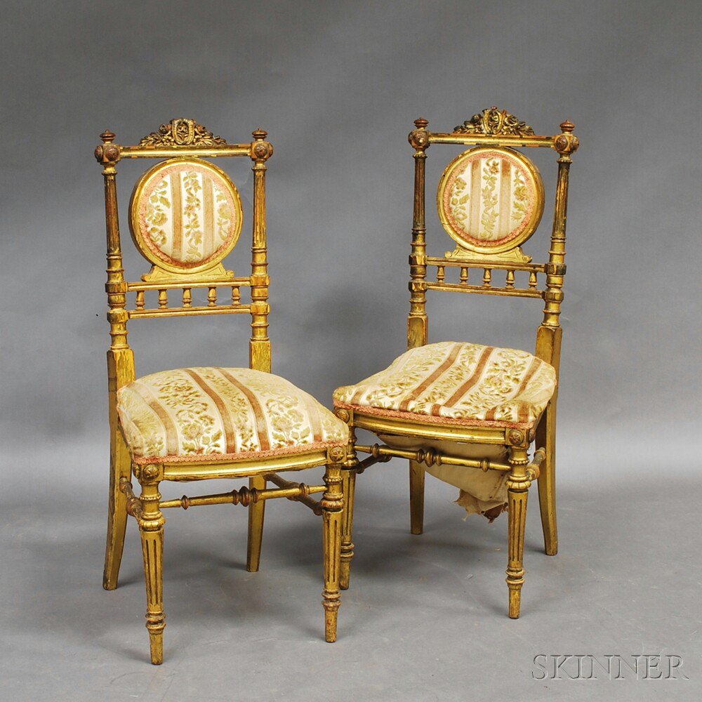 Appraisal: Pair of Louis XVI-style Giltwood Side Chairs the floral-carved cresting