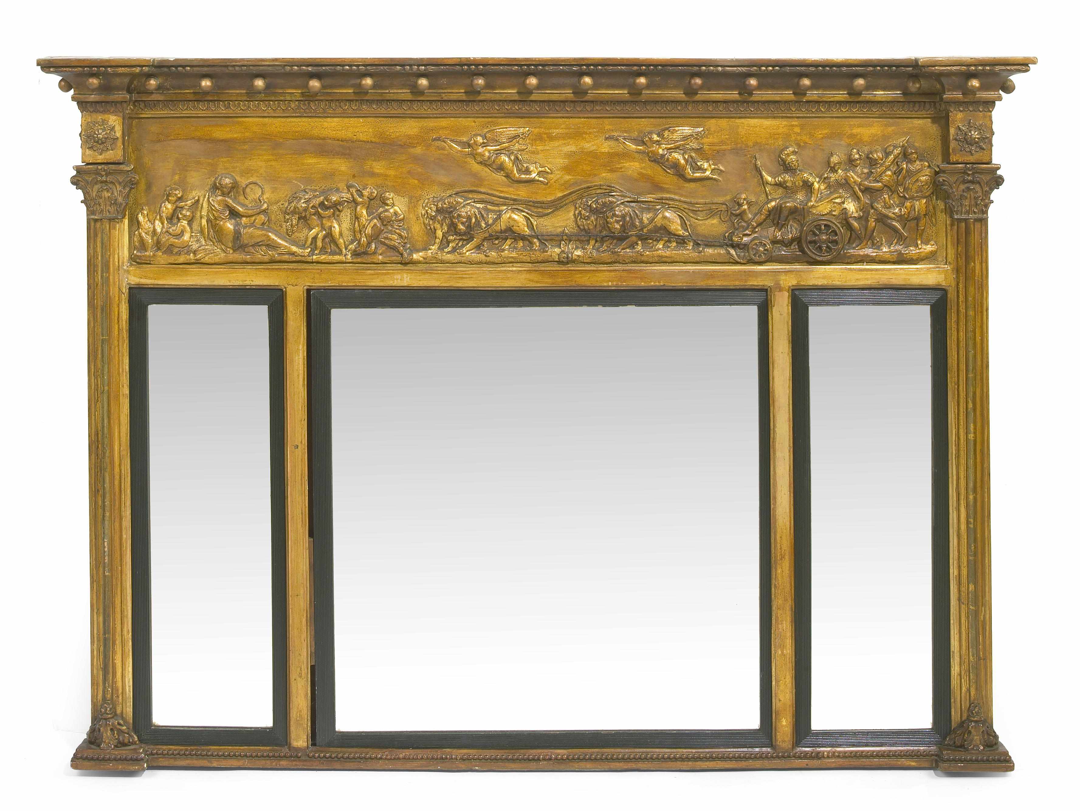 Appraisal: A Regency parcel ebonized giltwood and gesso triple plate mirror