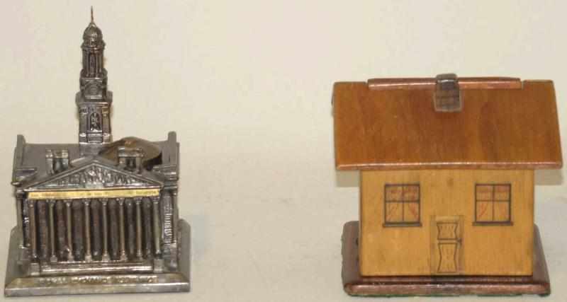 Appraisal: Metal Inkwell Wooden House Wooden house probably meant to hold