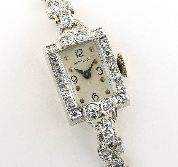 Appraisal: A diamond and platinum wristwatch Hamilton T j dial movement