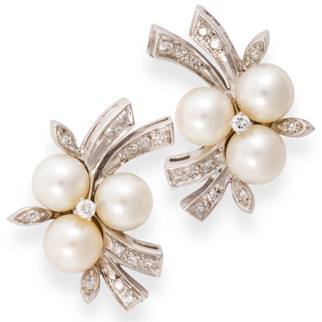 Appraisal: A PAIR OF CULTURED PEARL DIAMOND AND EIGHTEEN KARAT WHITE