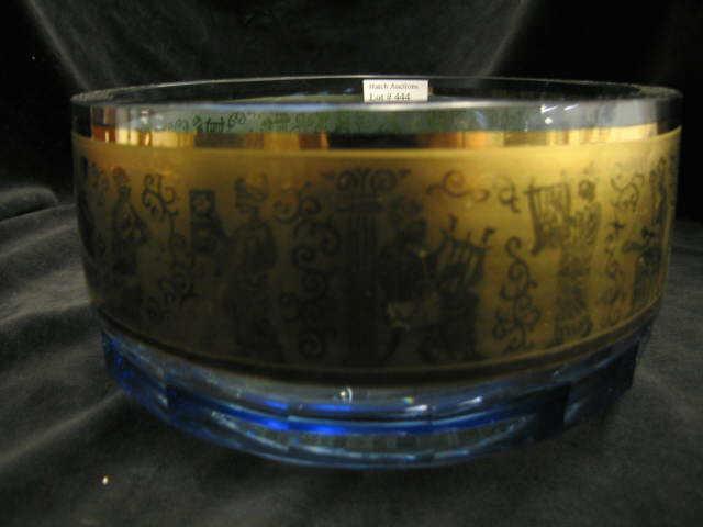 Appraisal: Moser Art Glass Bowl Egyptian gold border design on sapphire