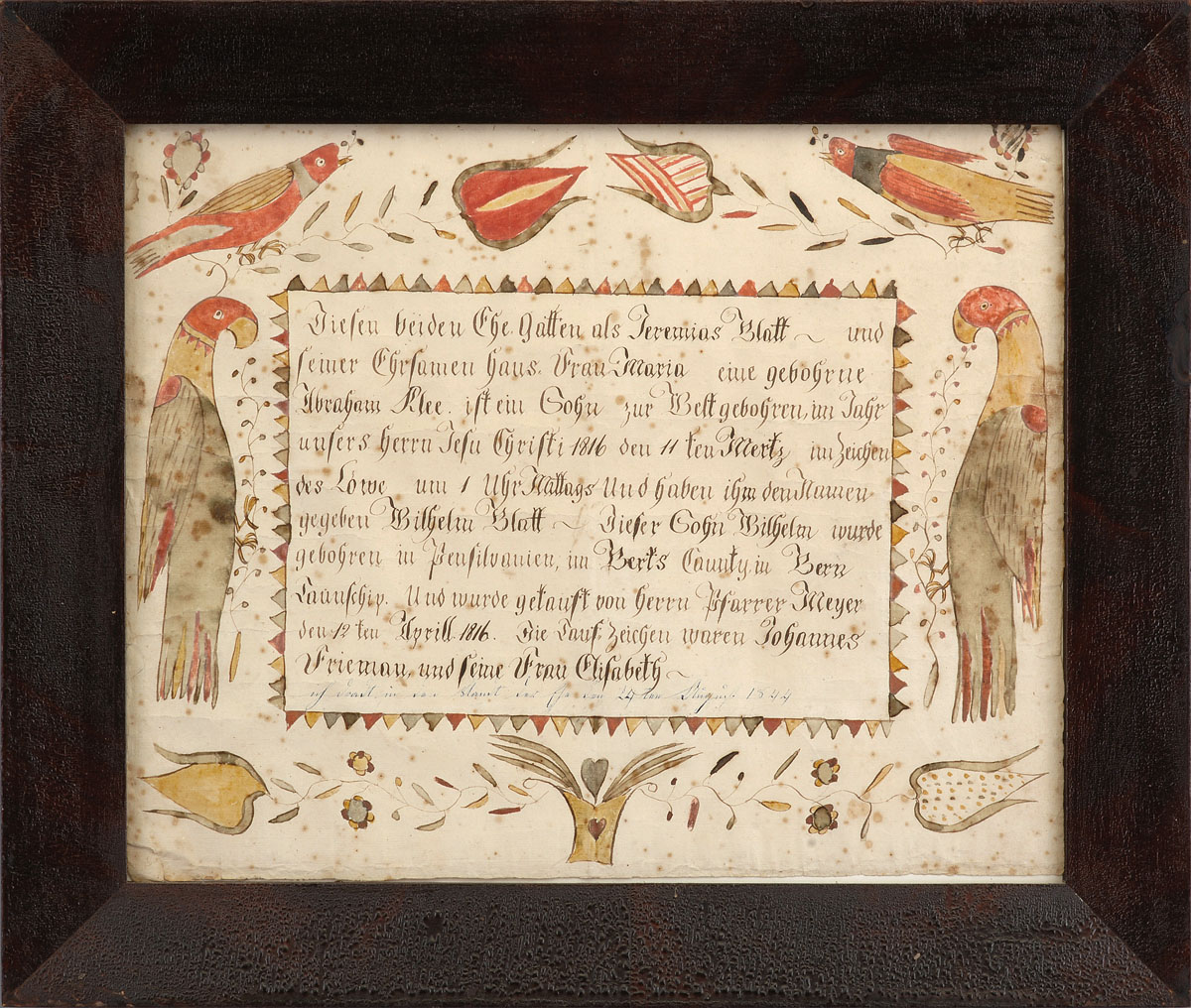 Appraisal: PENNSYLVANIA GERMAN FRAKTUR BIRTH AND BAPTISMAL CERTIFICATE THE quot FLAT