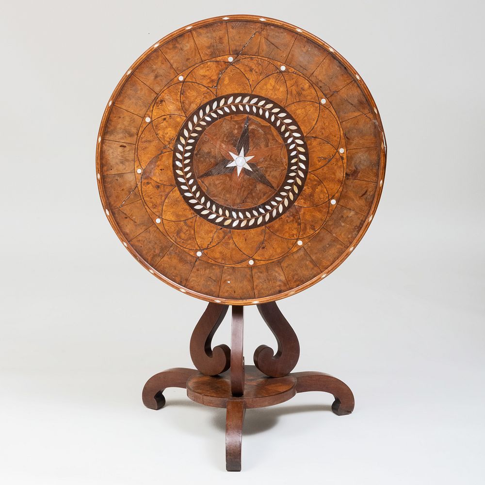 Appraisal: Continental Specimen Wood and Mother-of-Pearl Inlaid Tilt-Top Table Possibly German