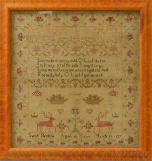 Appraisal: Framed Needlework Sampler Sarah Brittain Framed Needlework Sampler Sarah Brittain