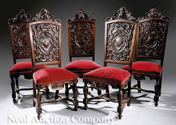 Appraisal: A Set of Ten Continental Renaissance-Style Carved Mahogany Highback Dining