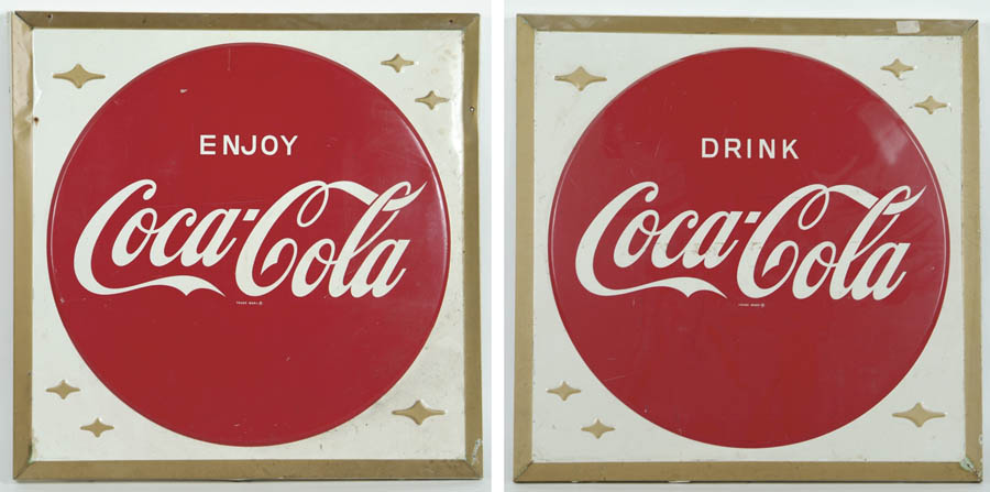 Appraisal: PAIR OF LARGE COCA-COLA SQUARE TIN SIGNS Circa s tin