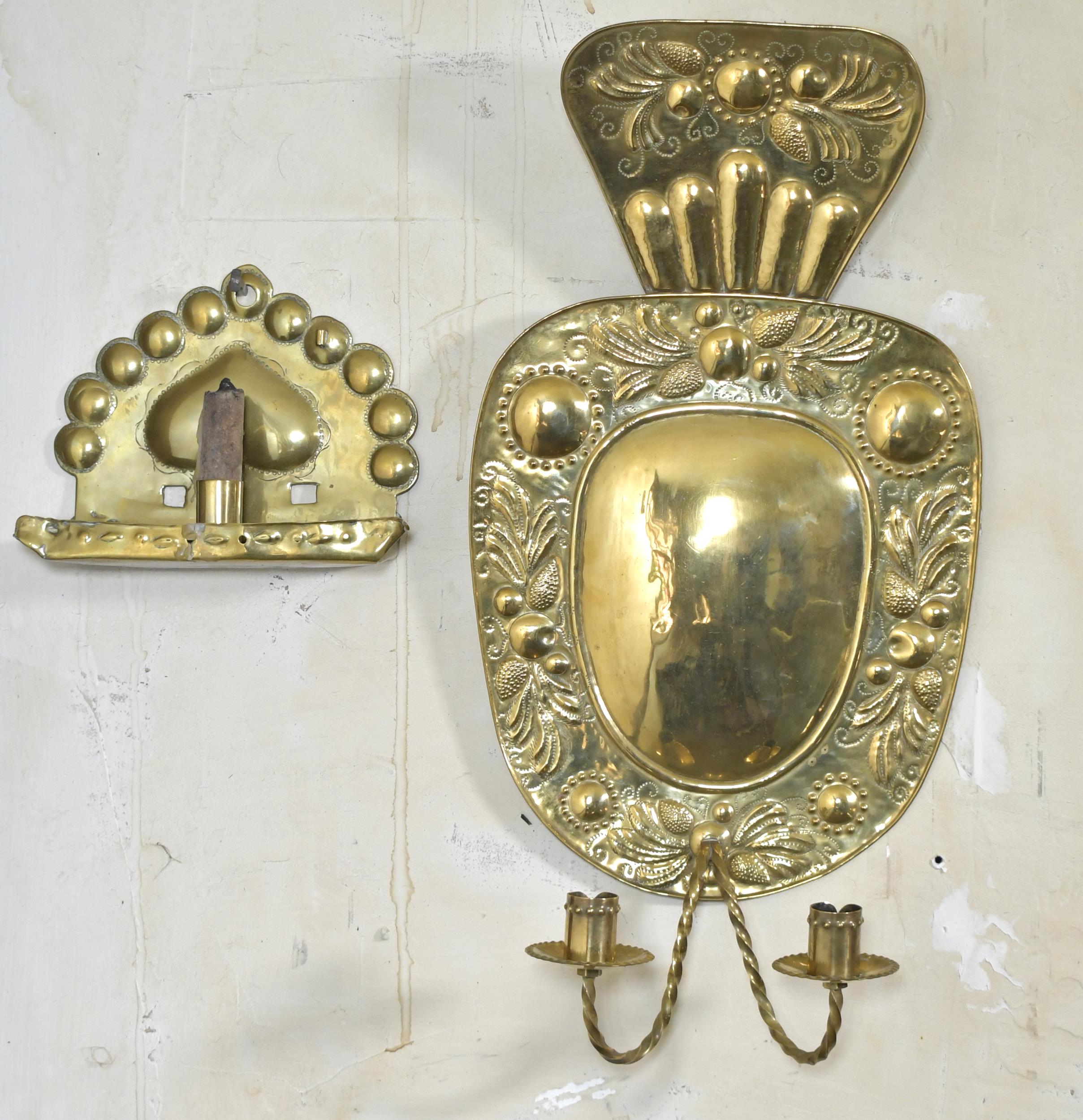 Appraisal: TWO ANTIQUE EUROPEAN WALL SCONCES Embossed brass double arm wall