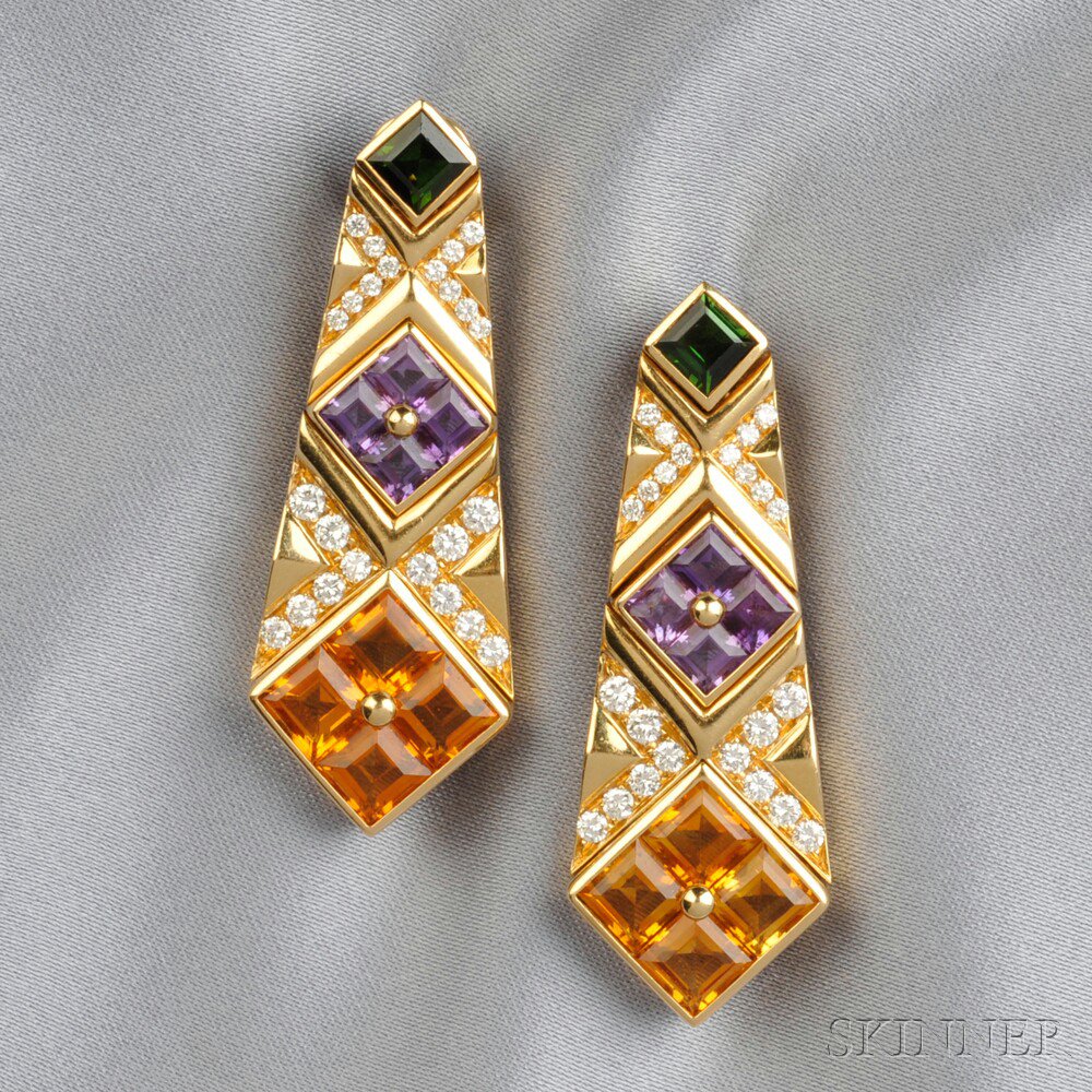 Appraisal: kt Gold Gem-set Earpendants Bulgari each with step-cut green tourmaline