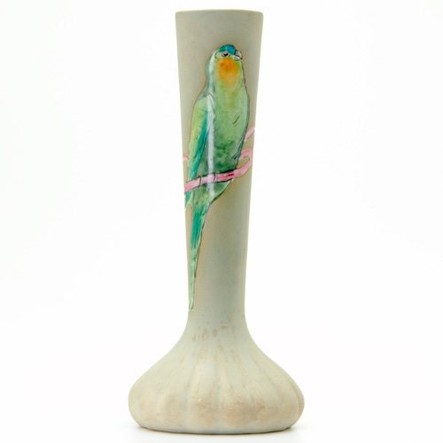 Appraisal: BRUSH Tall bottle-shaped vase enamel-decorated with a green parrot on