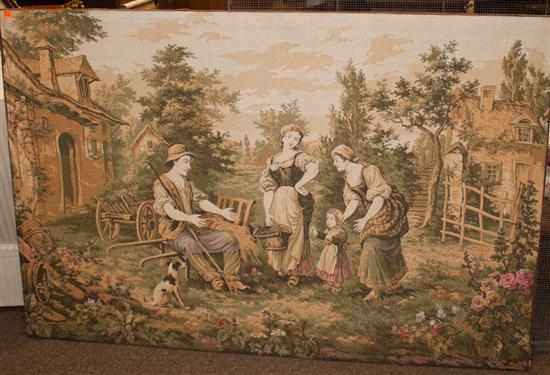 Appraisal: Machine-made tapestry depicting a happy peasant family Estimate - No